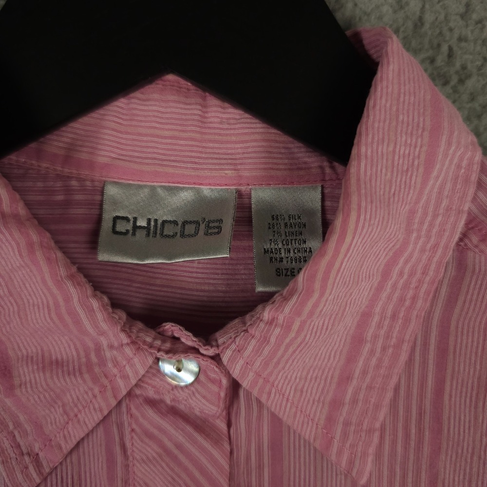 Chicos Shirt Womens 0 US Small Pink Striped Silk Linen Blend Button Up Casual - Picture 3 of 9